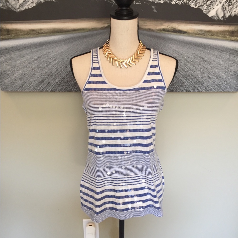 NWOT Blue and white striped tank with sequins
